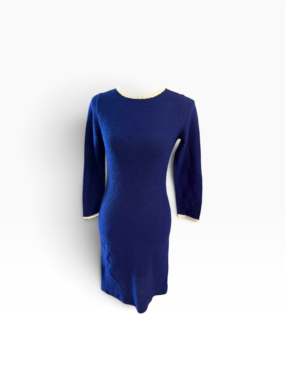 Classic Navy Textured Knit Dress with Cream Trim
